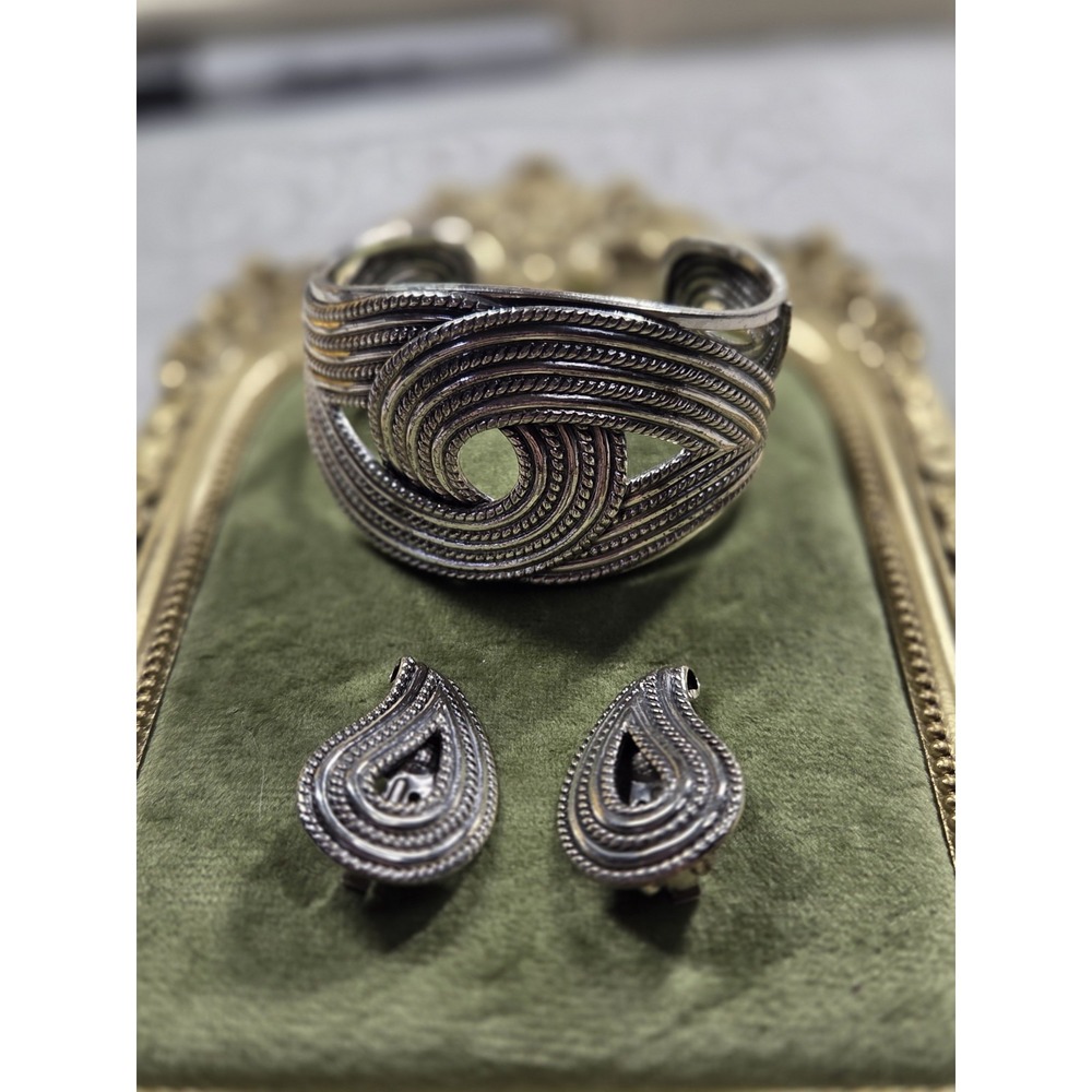Vintage DANECRAFT Sterling Silver Modernist Swirl Cuff Bracelet Earrings Set